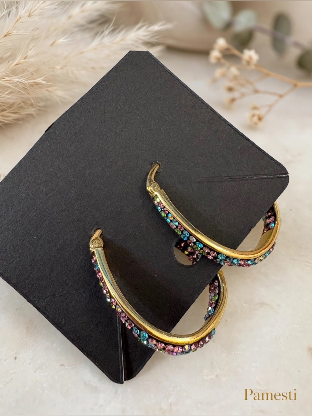 Gold Hoop Earrings with Multicolor Crystals
